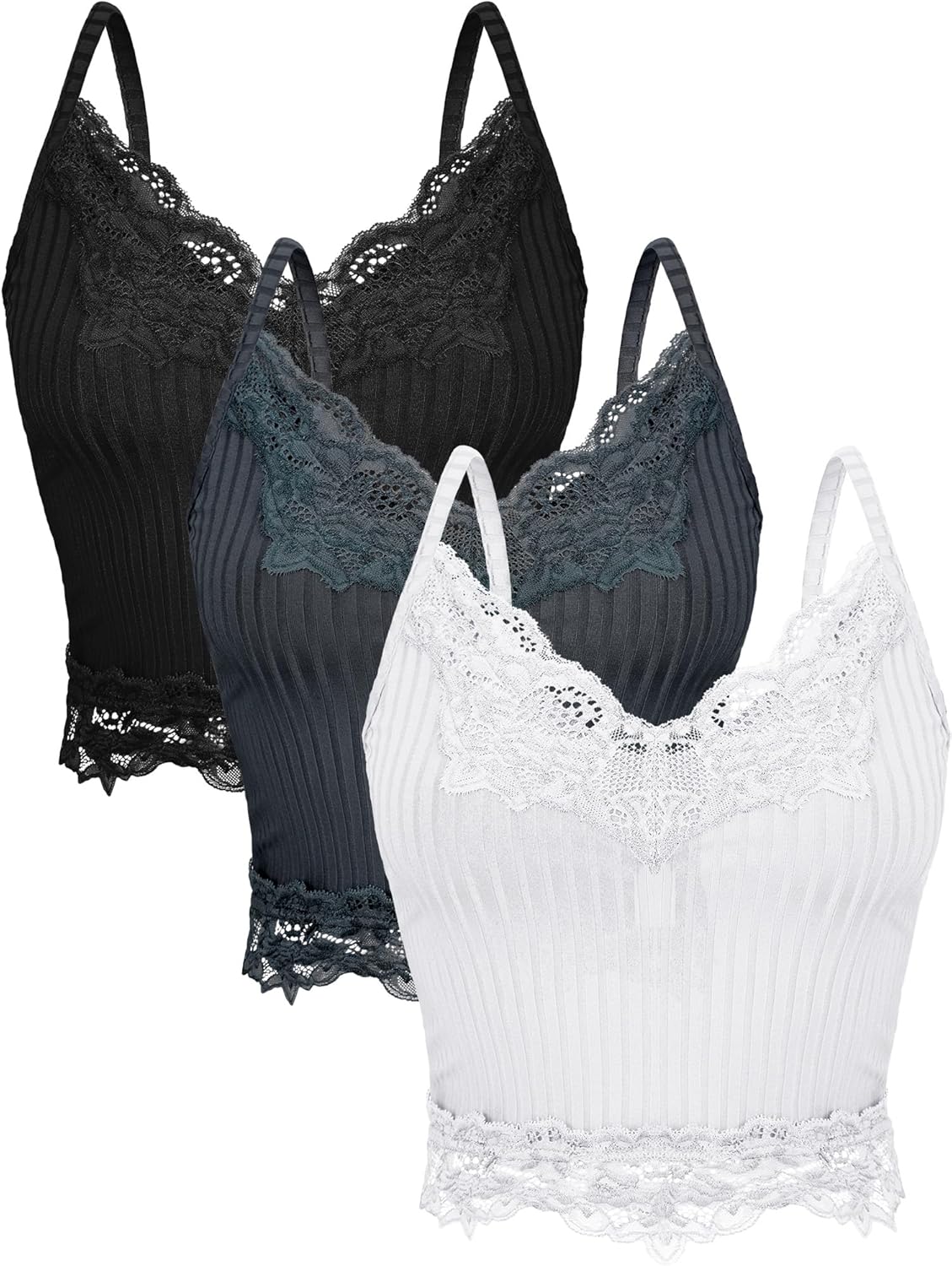 Bencailor 3 Pcs Women's Lace Tank Tops Y2k Camisole Lace Patchwork Crop Tops Grunge Style Ribbed Knitted Clothing